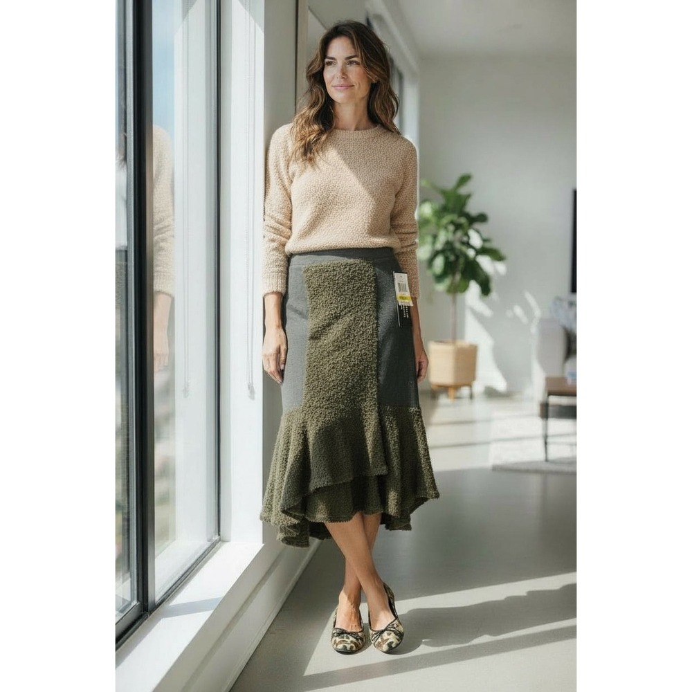 Bar III Textured Ruffle Hem Midi Skirt Olive‎ Green Womens Size Medium